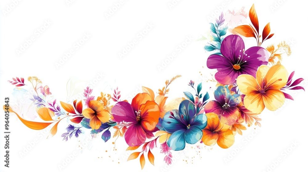Poster beautiful corner graphic element with dynamic flowers in various colors and shapes, designed on a wh