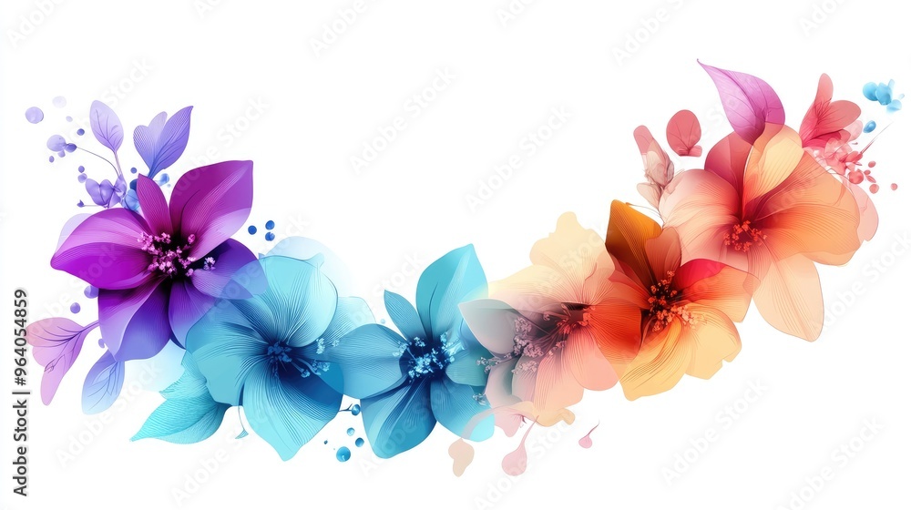Poster beautiful corner graphic element with dynamic flowers in various colors and shapes, designed on a wh