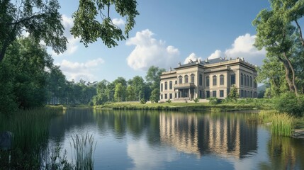 Fototapeta premium Beautiful and grand building by a tranquil body of water, set against a realistic backdrop of greenery and clear skies