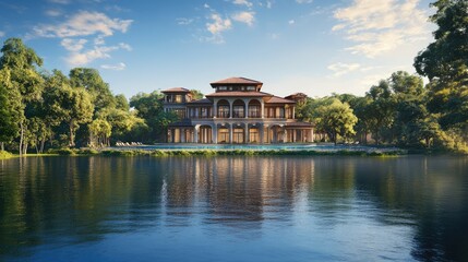 Beautiful large building by a peaceful body of water, set against a realistic, nature-filled background of trees and blue skies