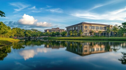 Fototapeta premium Beautiful large building sitting next to a tranquil body of water, with reflections and a realistic natural backdrop of trees and sky