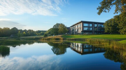 Fototapeta premium Beautiful large building sitting next to a tranquil body of water, with reflections and a realistic natural backdrop of trees and sky