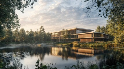 Obraz premium Beautiful large building sitting next to a tranquil body of water, with reflections and a realistic natural backdrop of trees and sky