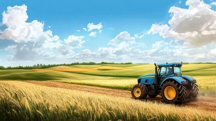 Fototapeta premium Blue tractor crossing a vast agricultural field, surrounded by a realistic backdrop of open skies, fields, and a peaceful rural landscape