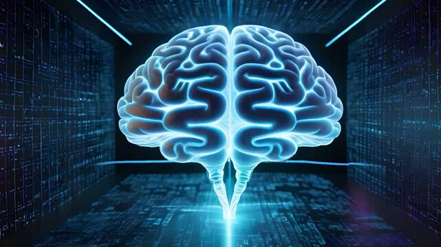 3d rendering of human digital brain in front of blue background with binary code