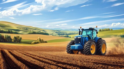 Obraz premium Blue tractor crossing through a field of fresh soil, surrounded by a realistic rural background of hills, fields, and clear skies