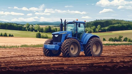 Obraz premium Blue tractor crossing through a field of fresh soil, surrounded by a realistic rural background of hills, fields, and clear skies