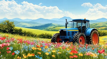 Fototapeta premium Blue tractor driving through a colorful flower field, set against a realistic rural background of lush greenery and distant hills