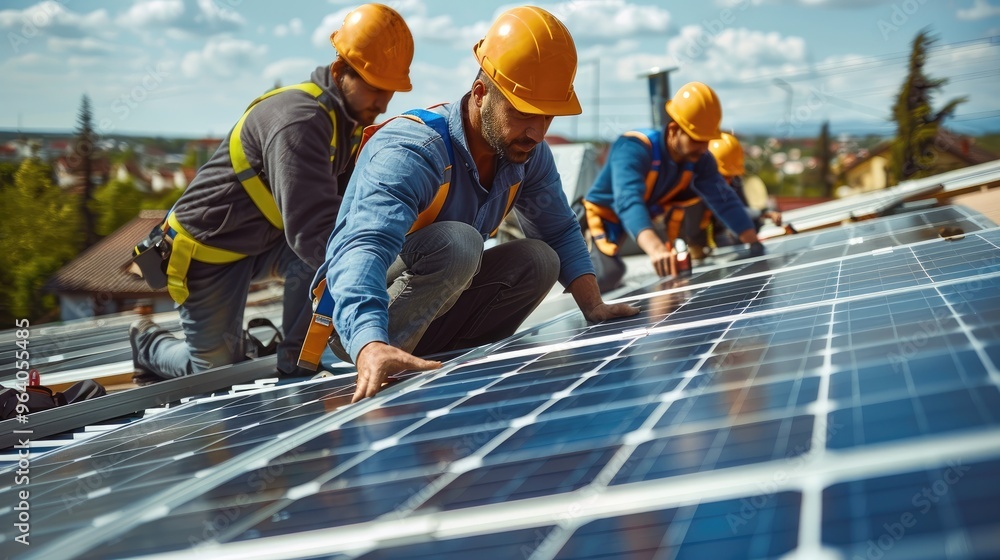 Poster a team of engineers and technicians installing solar panels on the roof of a residential building. t