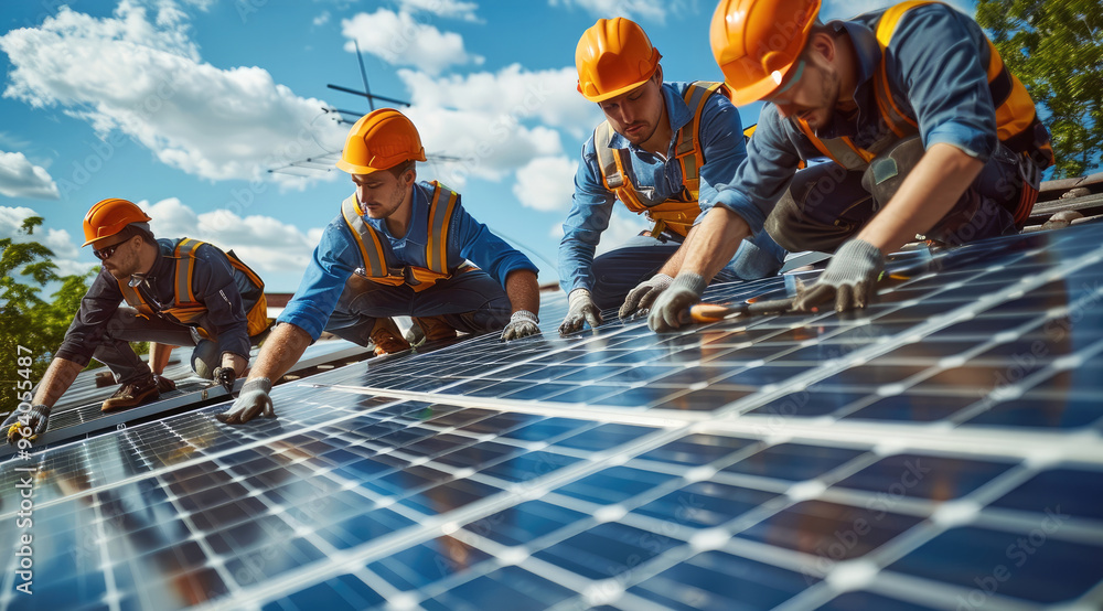 Poster a team of engineers and technicians installing solar panels on the roof of a residential building. t