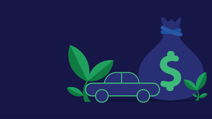 Car vehicle finance concept vector banner design illustration with car, plants and dollar sign money bag icons on a blue horizontal background