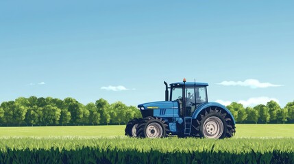 Naklejka premium Blue tractor moving through a lush green field under a clear blue sky, with a realistic background of trees and farmland