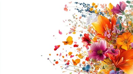 Elegant floral corner with a dynamic arrangement of colorful flowers on a clean white background, ideal for illustration purposes