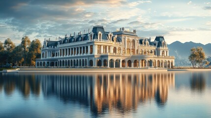 Large, elegant building reflecting on a calm body of water, with a realistic background, creating a peaceful and majestic scene