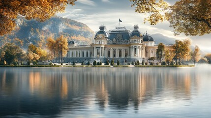Obraz premium Large, elegant building sitting next to a shimmering body of water, with reflections and a beautifully realistic natural background