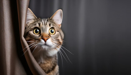 Obraz premium a curious cat peeking out from behind a curtain, isolated with space for text or advertising