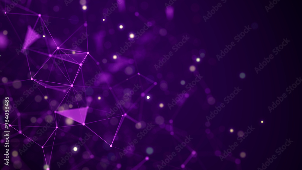 Poster Digital flow with connecting points and lines. Futuristic purple science background. Global network concept. Big data complex with compounds. 3D rendering.