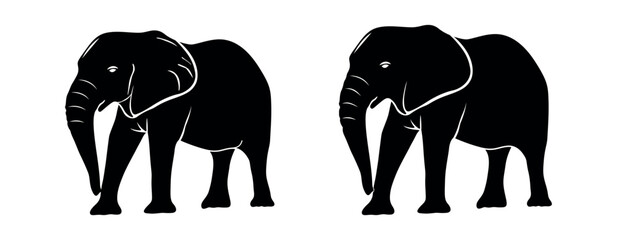 Set of elephants silhouettes vector. Elephant vector silhouette set isolated on white background. Elephant shadow hand drawn. Animal Elephant Silhouettes vector illustration