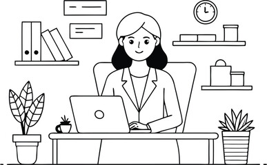 A woman working in office illustration black and white