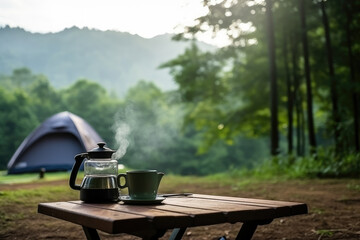 Serene Campsite Morning with Fresh Brewed Coffee