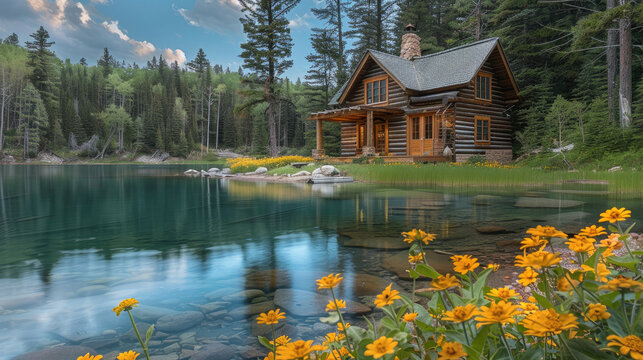 Beautiful log cabin in the woods, on edge of clear blue lake with yellow flowers growing around it, green grass and pine trees, rustic style home decor. Generative AI.