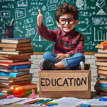 gar&ccedil;on assis devant un tableau et dans une salle de classe, install&eacute; sur un carton ou il est &eacute;crit le mot &eacute;ducation, entour&eacute; de livre scolaire, illustre et repr&eacute;sente l'&eacute;ducation scolaire 