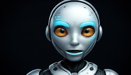 A close-up of a futuristic robot featuring blue highlights and expressive orange eyes. The detailed design showcases advanced technology and a lifelike appearance, blending sci-fi with emotional depth