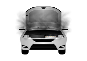 Car Breakdown with Open Hood and Smoke. Broken Car. Vector Illustration. 