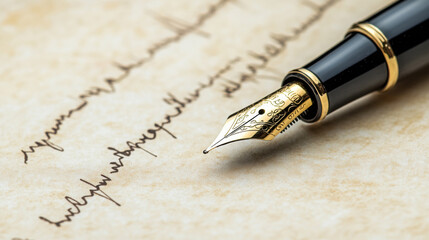 Fototapeta premium A close-up of a fountain pen writing on parchment paper, with elegant cursive handwriting.