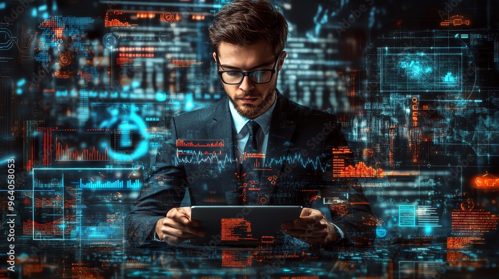 Poster a businessman in a suit sits in front of a computer with glowing lines and information, looking at a
