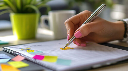 A close-up of a pen writing in a planner, with colorful sticky notes and a coffee cup nearby.