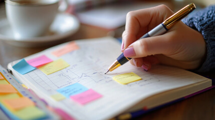 A close-up of a pen writing in a planner, with colorful sticky notes and a coffee cup nearby.