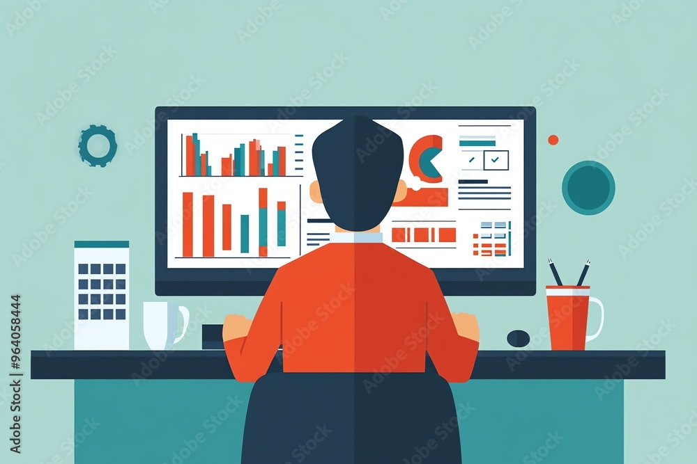 Poster a businessman sits at his desk analyzing charts and graphs on his computer screen.