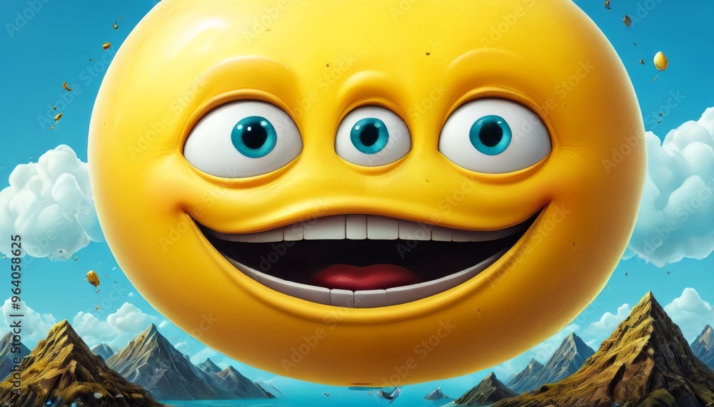 Poster a digitally rendered image of a bright yellow smiling cartoon face with three eyes. the character is