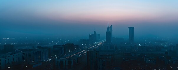 Fototapeta premium Dusk Skyline with Hazy Atmosphere and Traffic