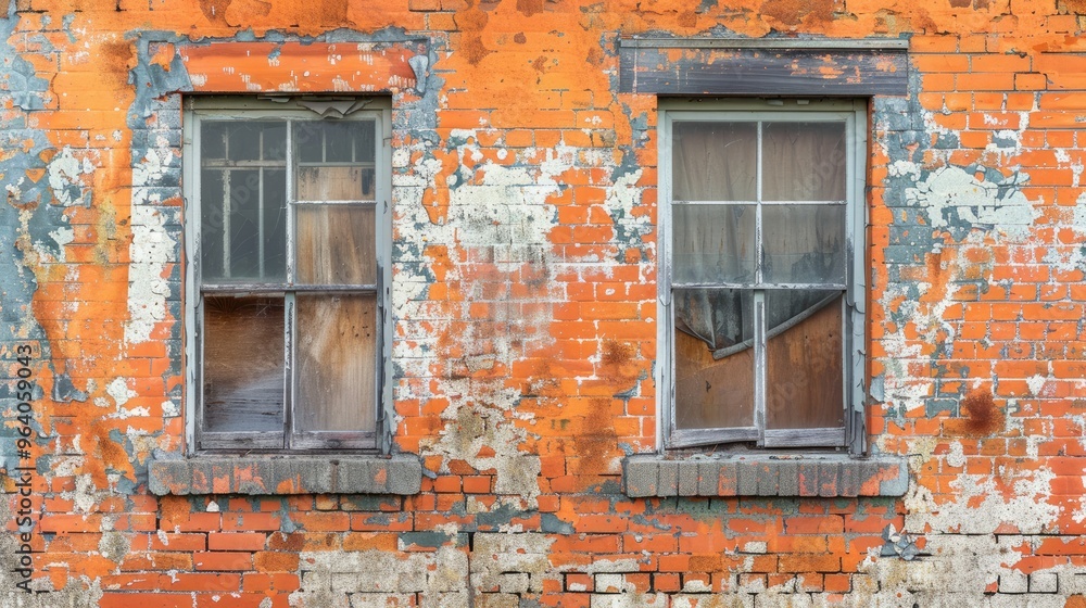 Canvas Prints decaying orange brick wall texture with grey accents and windows.