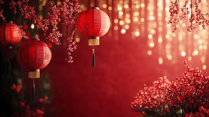 Obraz premium Chinese New Year decorations on red background with lanterns and flowers