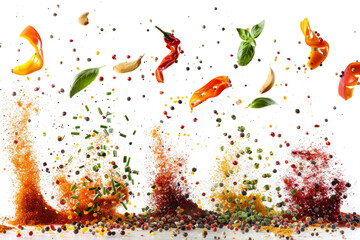 dynamic motion blur, splashes of seasonings in the air,
