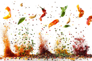 dynamic motion blur, splashes of seasonings in the air,