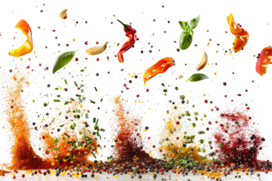 dynamic motion blur, splashes of seasonings in the air,