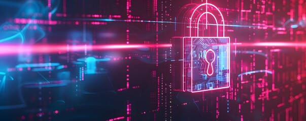 Neon Pink Padlock Over Digital Data Background