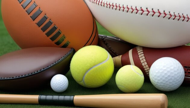 A diverse collection of sports balls including football, basketball, baseball, tennis, and golf balls, arranged on a grassy field. This image symbolizes the variety and universality of sports.. AI