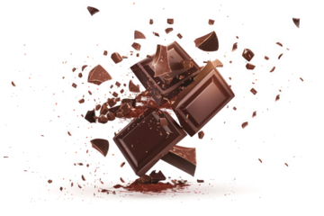 A mid-air burst of luxurious dark chocolate,on a white background.
