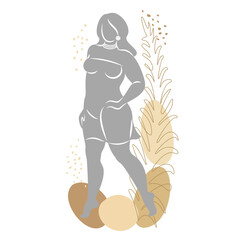 Silhouette of woman figure and plant leaves. Girl is standing. Lady is full of beauty and sexuality. Girl is overweight vector illustration.