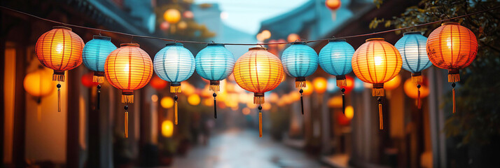 Garland of paper lanterns in street, Chinese Lunar New Year or Mid-Autumn Festival