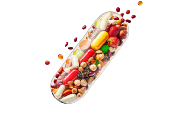 nutritional supplement capsule filled with fruits, vegetables, nuts and beans, on a crisp white background.
