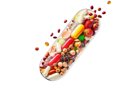 nutritional supplement capsule filled with fruits, vegetables, nuts and beans, on a crisp white background.