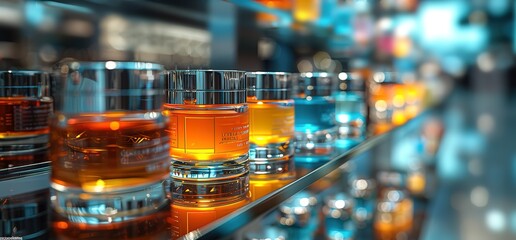 Assortment of colorful perfume bottles on a shelf in a store. The bottles are arranged in a row and are all in different colors.