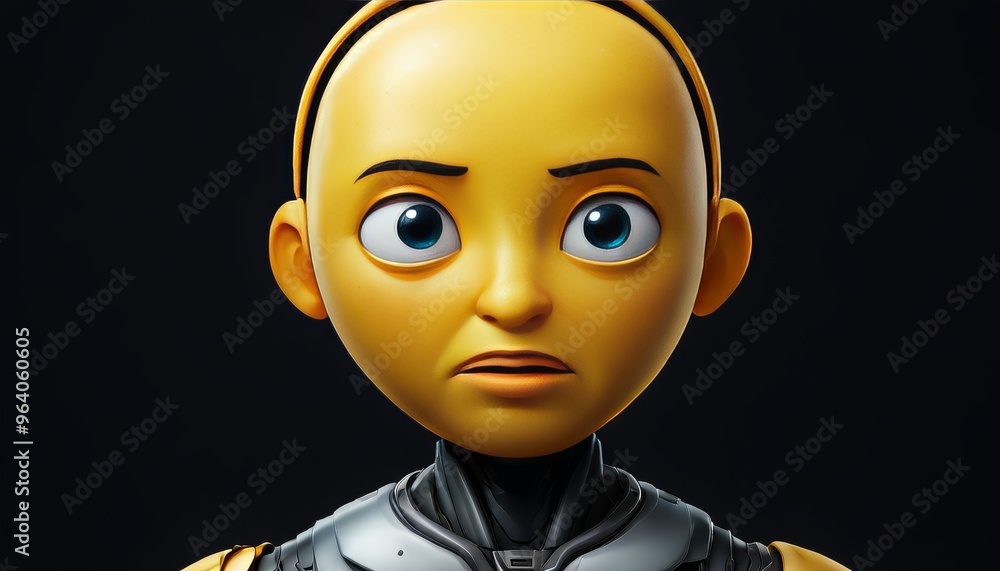 Poster a striking digital illustration of a yellow robot with a concerned expression. the robot's design fe
