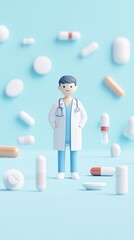 A cartoon doctor stands in front of a pile of pills